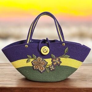 Unique Woven Rope Jute Bucket Floral Embroidered Purple and Green Handbag